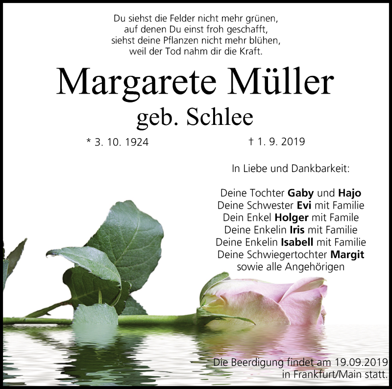  Traueranzeige für Margarete Müller vom 18.09.2019 aus MGO