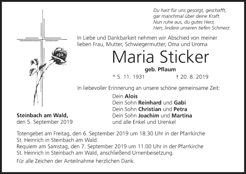  Traueranzeige für Maria Sticker vom 05.09.2019 aus MGO