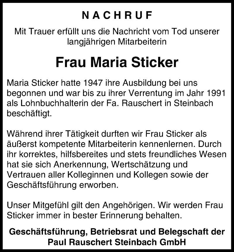  Traueranzeige für Maria Sticker vom 06.09.2019 aus MGO