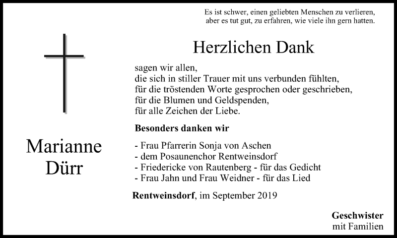  Traueranzeige für Marianne Dürr vom 28.09.2019 aus MGO