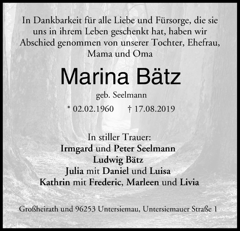  Traueranzeige für Marina Bätz vom 07.09.2019 aus MGO