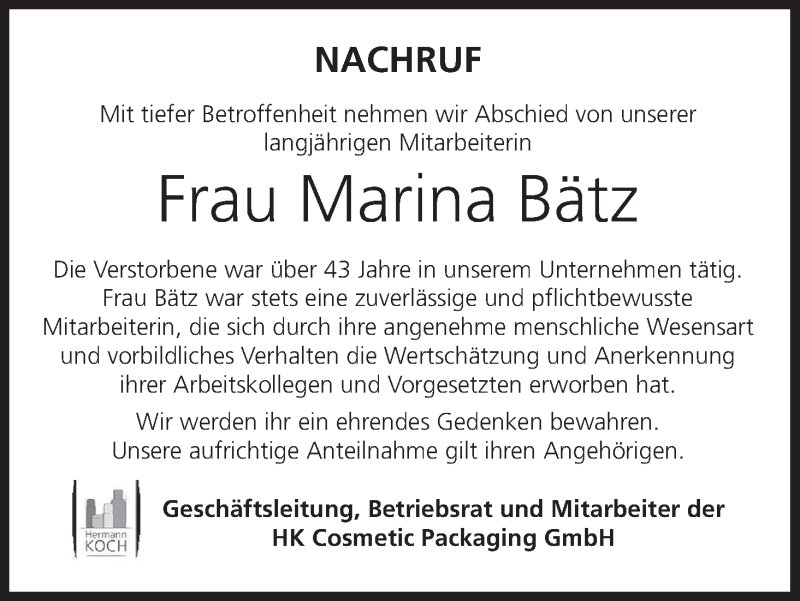  Traueranzeige für Marina Bätz vom 07.09.2019 aus MGO
