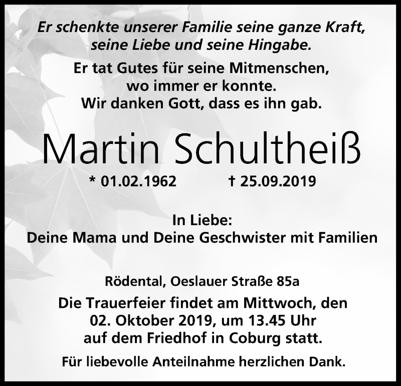  Traueranzeige für Martin Schultheiß vom 28.09.2019 aus MGO