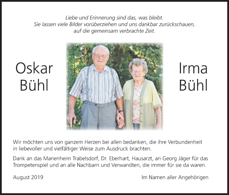  Traueranzeige für Oskar Bühl vom 11.09.2019 aus MGO