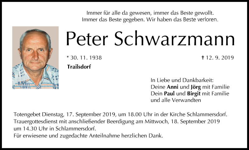  Traueranzeige für Peter Schwarzmann vom 14.09.2019 aus MGO