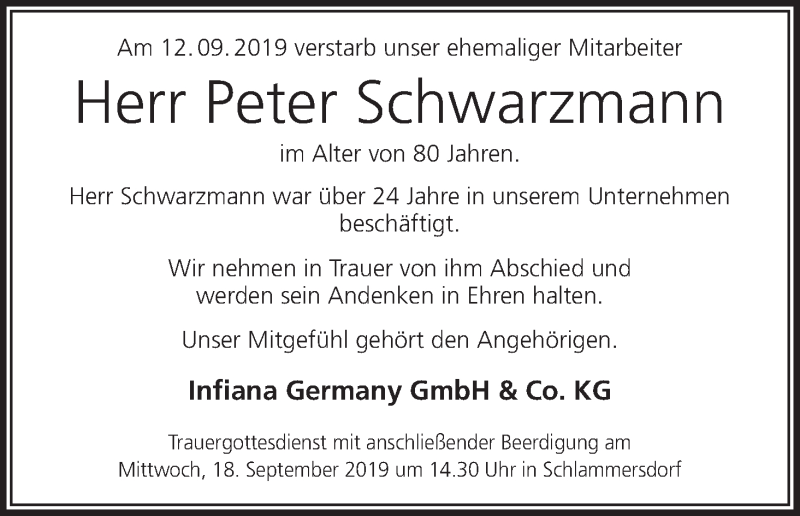  Traueranzeige für Peter Schwarzmann vom 17.09.2019 aus MGO