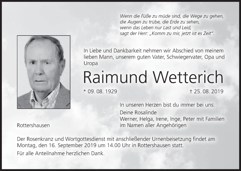  Traueranzeige für Raimund Wetterich vom 31.08.2019 aus MGO