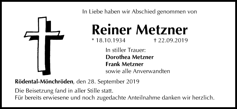  Traueranzeige für Reiner Metzner vom 28.09.2019 aus MGO