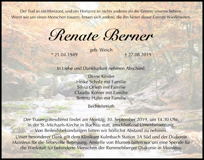  Traueranzeige für Renate Berner vom 27.09.2019 aus MGO