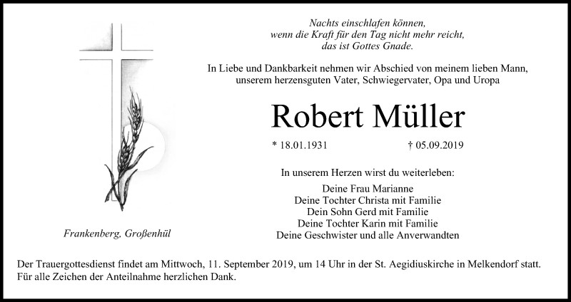  Traueranzeige für Robert Müller vom 07.09.2019 aus MGO
