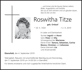 Anzeige von Roswitha Titze von MGO