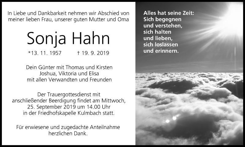  Traueranzeige für Sonja Hahn vom 24.09.2019 aus MGO