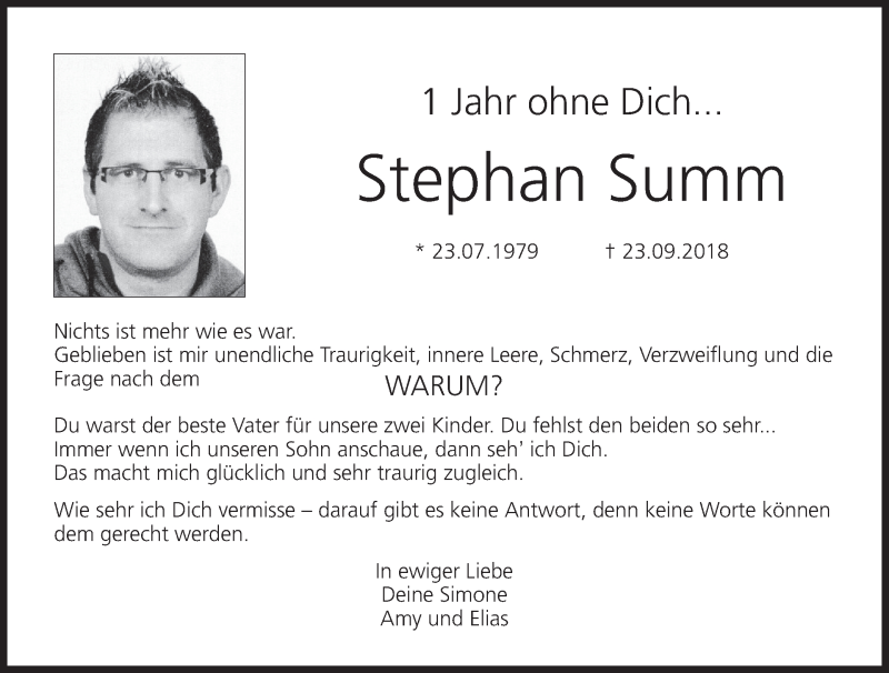  Traueranzeige für Stephan Summ vom 23.09.2019 aus MGO