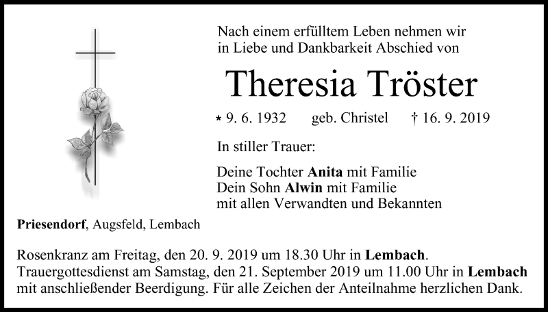  Traueranzeige für Theresia Tröster vom 19.09.2019 aus MGO
