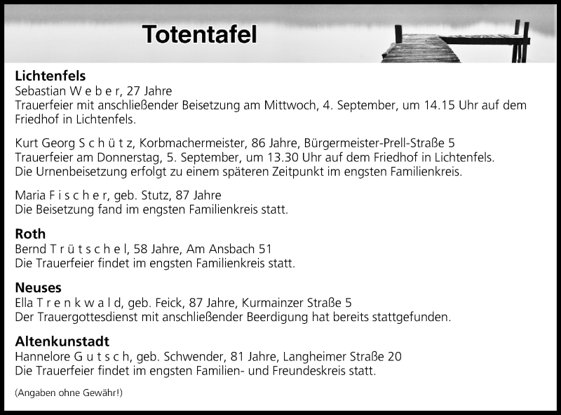  Traueranzeige für Totentafel vom 03.09.2019 vom 03.09.2019 aus MGO