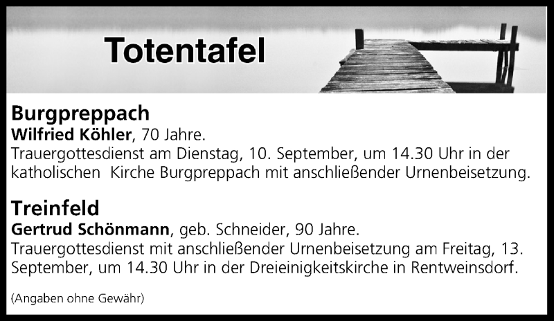  Traueranzeige für Totentafel vom 06.09.2019 vom 06.09.2019 aus MGO