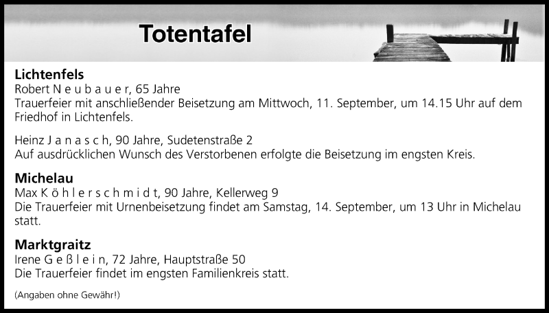  Traueranzeige für Totentafel vom 10.09.2019 vom 10.09.2019 aus MGO