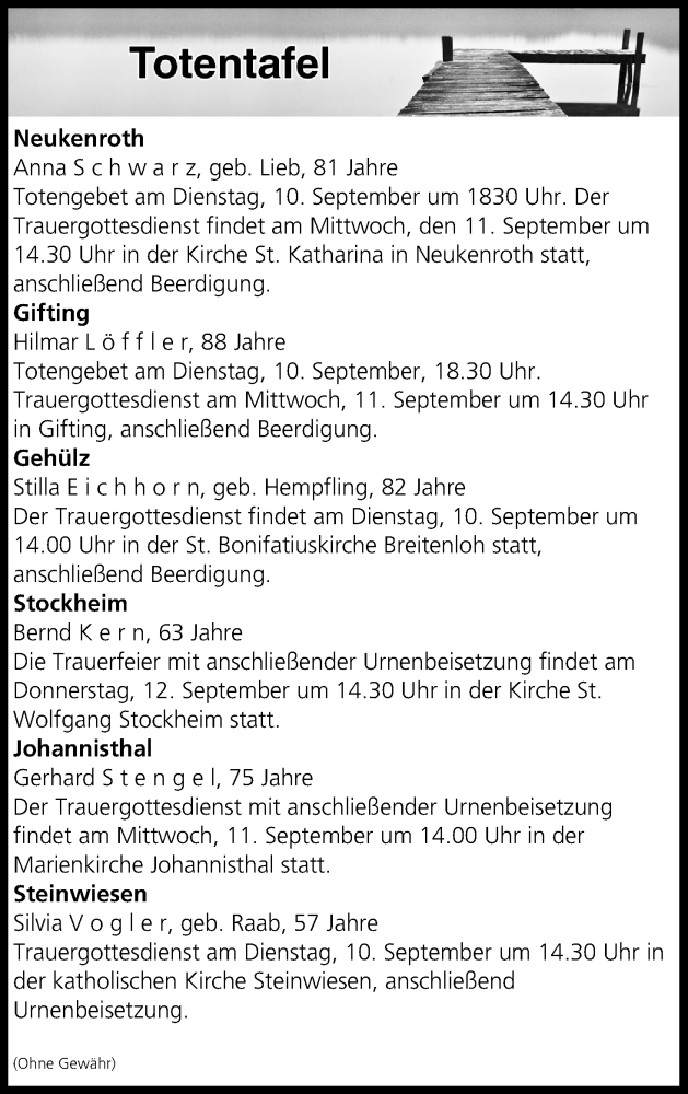  Traueranzeige für Totentafel vom 10.09.2019 vom 10.09.2019 aus MGO