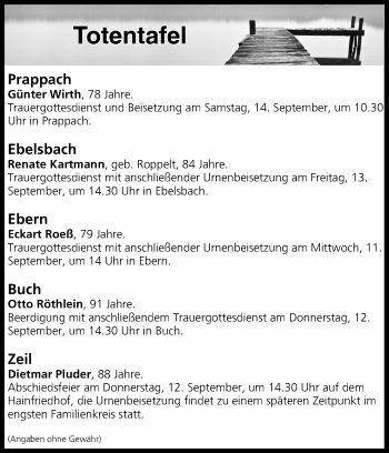Anzeige von Totentafel vom 11.09.2019 von MGO