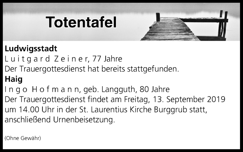  Traueranzeige für Totentafel vom 12.09.2019 vom 12.09.2019 aus MGO