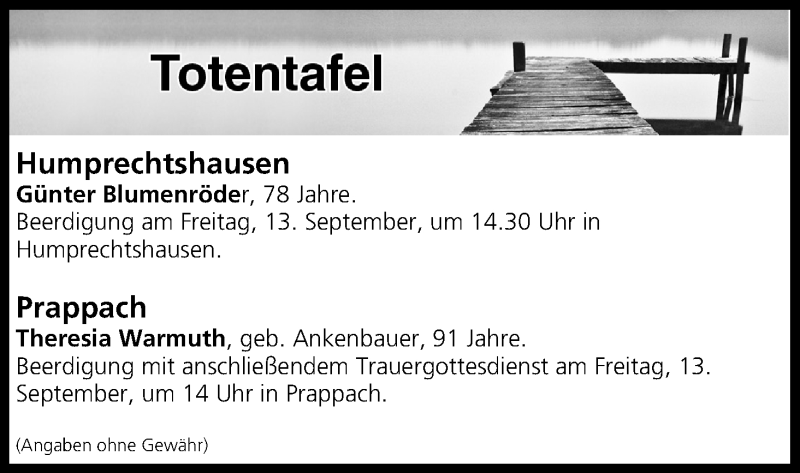  Traueranzeige für Totentafel vom 13.09.2019 vom 13.09.2019 aus MGO