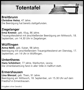 Anzeige von Totentafel vom 17.09.2019 von MGO