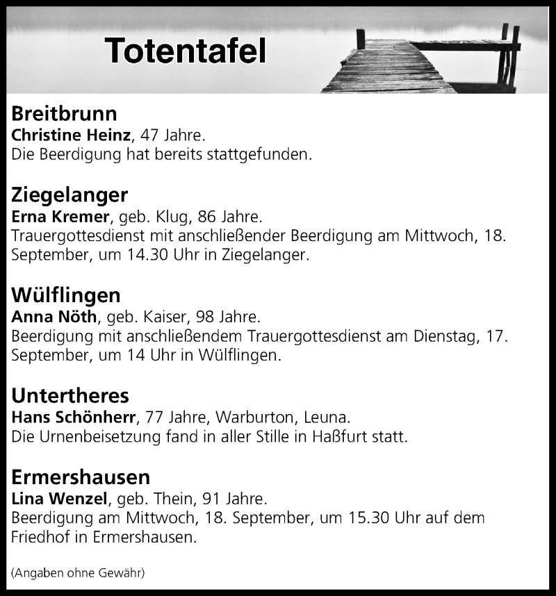  Traueranzeige für Totentafel vom 17.09.2019 vom 17.09.2019 aus MGO
