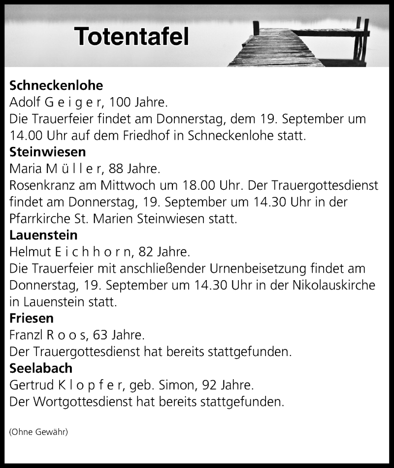  Traueranzeige für Totentafel vom 17.09.2019 vom 17.09.2019 aus MGO