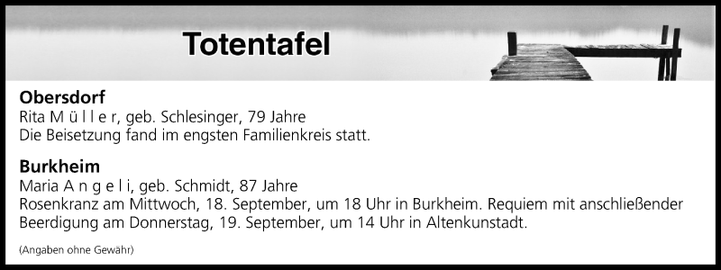  Traueranzeige für Totentafel vom 18.09.2019 vom 18.09.2019 aus MGO