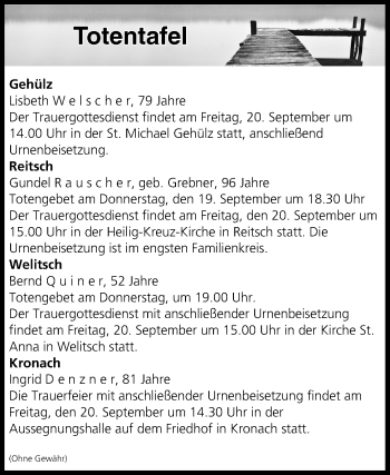 Anzeige von Totentafel vom 19.09.2019 von MGO