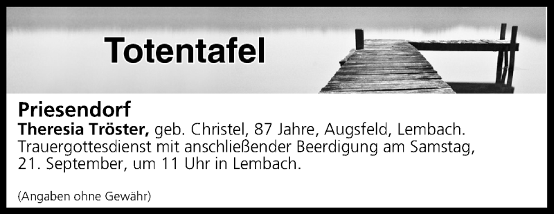  Traueranzeige für Totentafel vom 20.09.2019 vom 20.09.2019 aus MGO