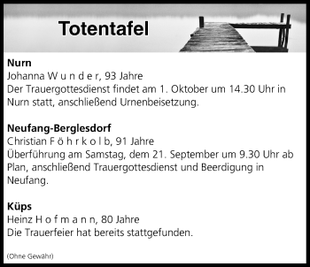 Anzeige von Totentafel vom 21.09.2019 von MGO