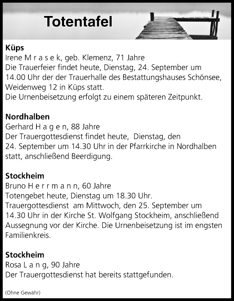  Traueranzeige für Totentafel vom 24.09.2019 vom 24.09.2019 aus MGO