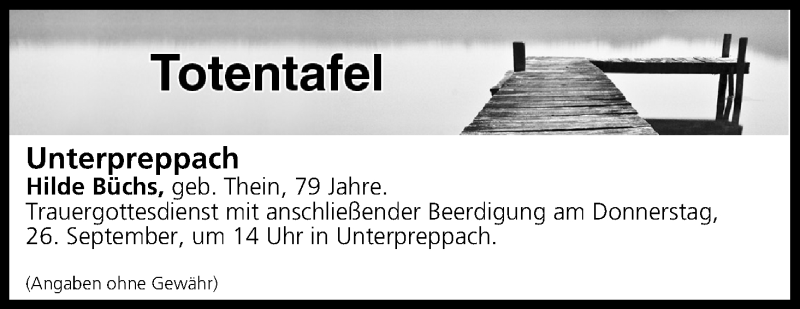  Traueranzeige für Totentafel vom 26.09.2019 vom 26.09.2019 aus MGO