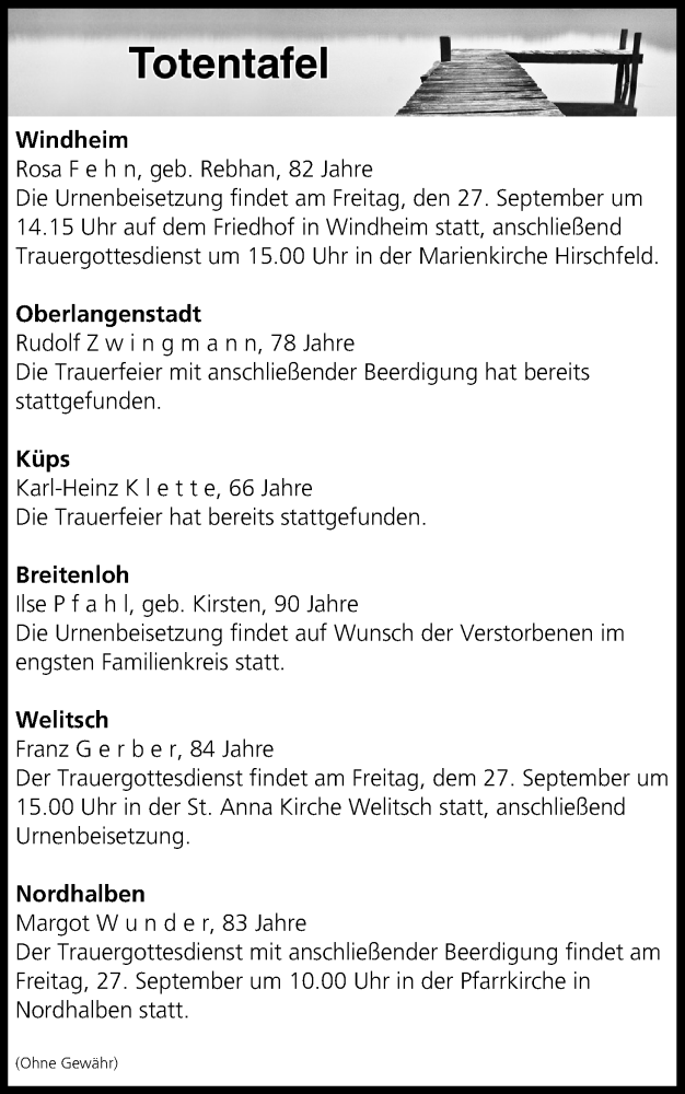  Traueranzeige für Totentafel vom 27.09.2019 vom 27.09.2019 aus MGO