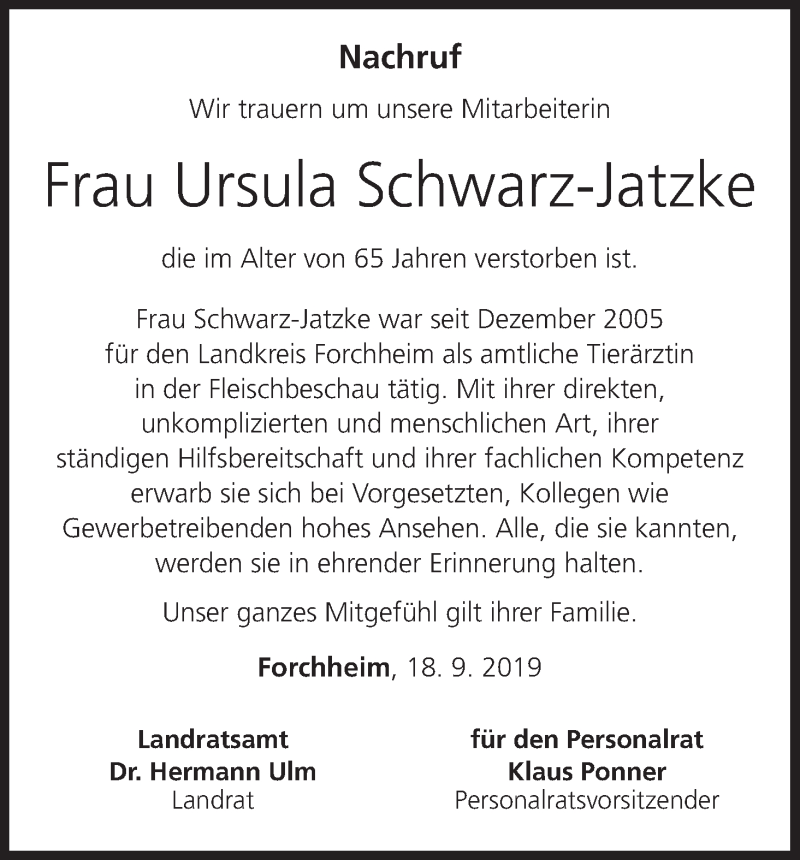  Traueranzeige für Ursula Schwarz-Jatzke vom 19.09.2019 aus MGO