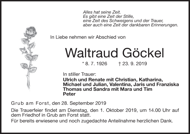  Traueranzeige für Waltraud Göckel vom 28.09.2019 aus MGO