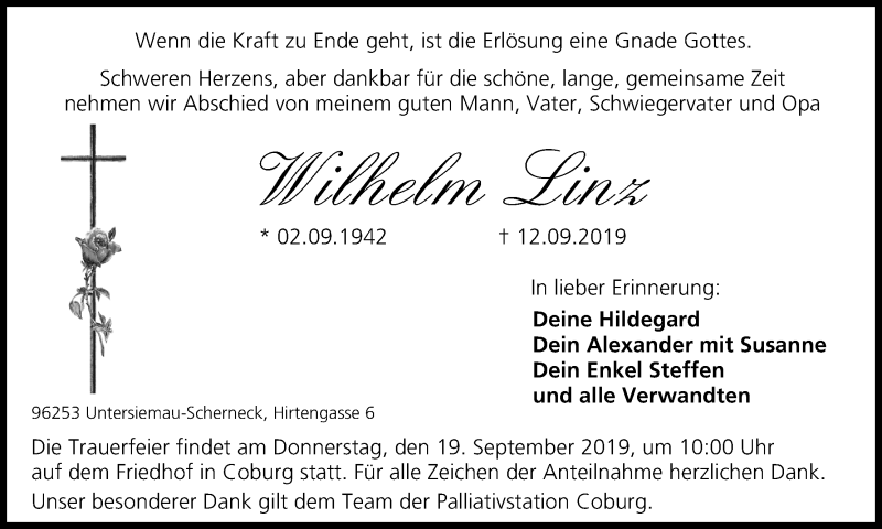  Traueranzeige für Wilhelm Linz vom 14.09.2019 aus MGO