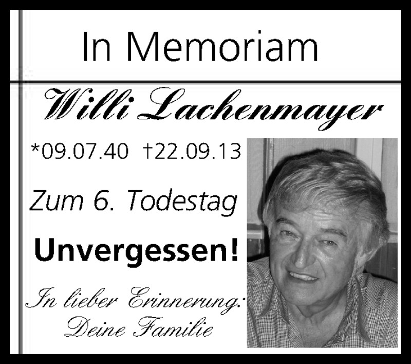  Traueranzeige für Willi Lachenmayer vom 21.09.2019 aus MGO