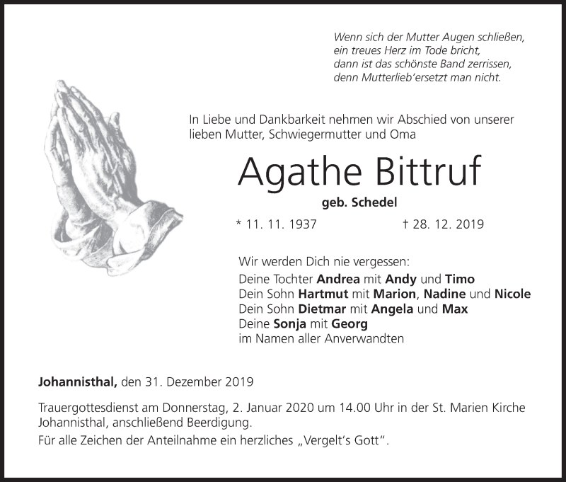  Traueranzeige für Agathe Bittruf vom 31.12.2019 aus MGO