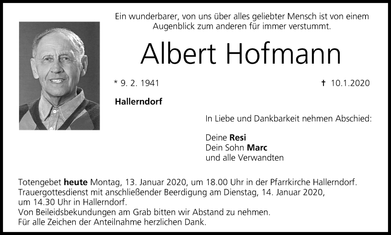  Traueranzeige für Albert Hofmann vom 13.01.2020 aus MGO
