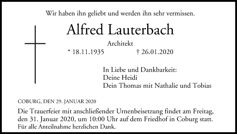 Traueranzeige für Alfred Lauterbach vom 29.01.2020 aus MGO