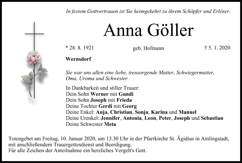  Traueranzeige für Anna Göller vom 08.01.2020 aus MGO