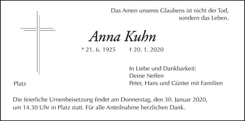  Traueranzeige für Anna Kuhn vom 25.01.2020 aus MGO