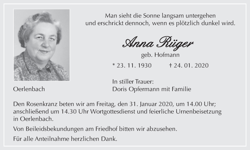  Traueranzeige für Anna Rüger vom 28.01.2020 aus MGO
