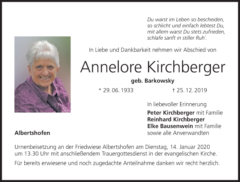  Traueranzeige für Annelore Kirchberger vom 11.01.2020 aus MGO
