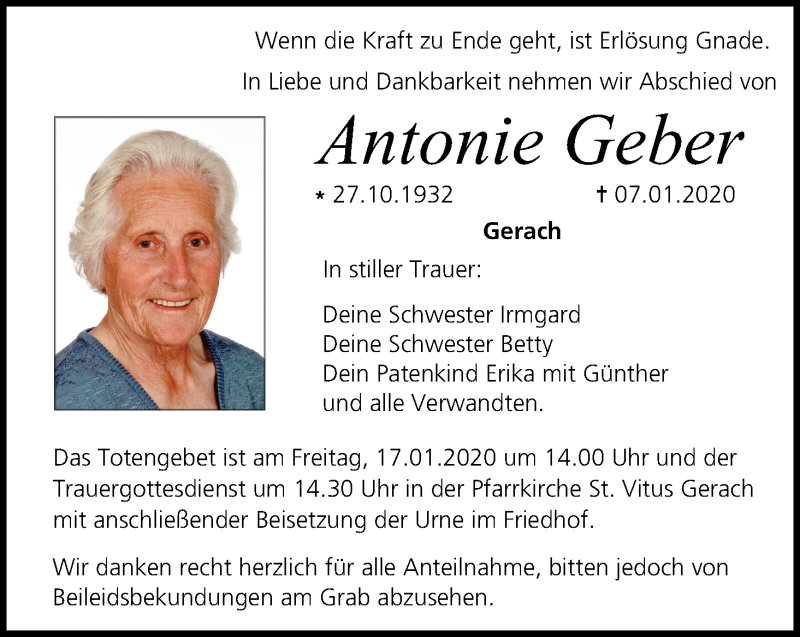  Traueranzeige für Antonie Geber vom 14.01.2020 aus MGO