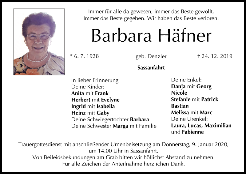  Traueranzeige für Barbara Häfner vom 04.01.2020 aus MGO