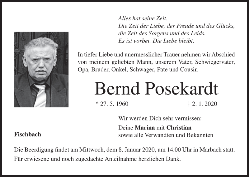  Traueranzeige für Bernd Posekardt vom 04.01.2020 aus MGO