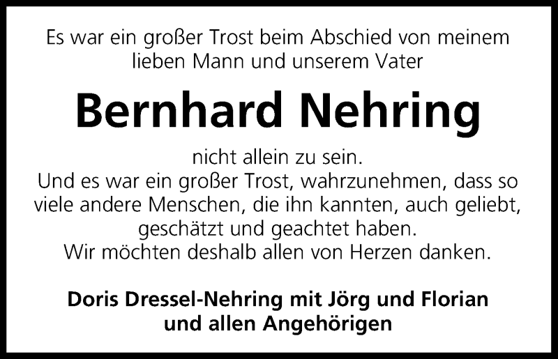  Traueranzeige für Bernhard Nehring vom 30.01.2020 aus MGO